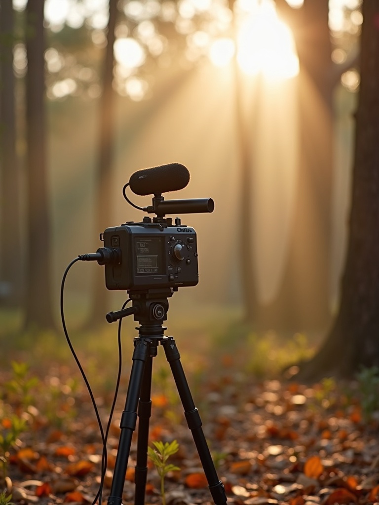 A matte field recorder and shotgun microphone on a stand in a remote eucalyptus forest clearing at golden hour