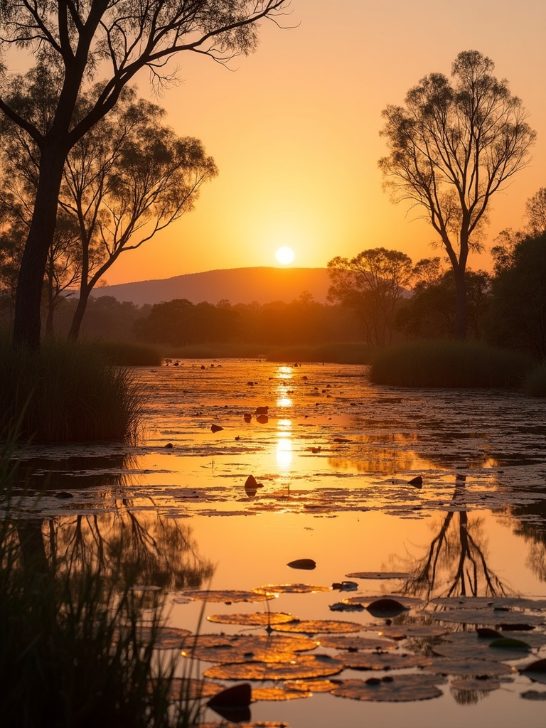 Kakadu wetlands at dusk, paperbark trees and lily pads on still water