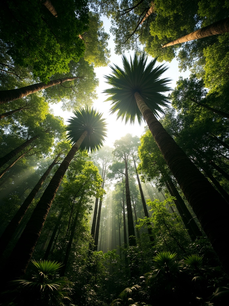 Looking up through dense rainforest canopy in Daintree National Park