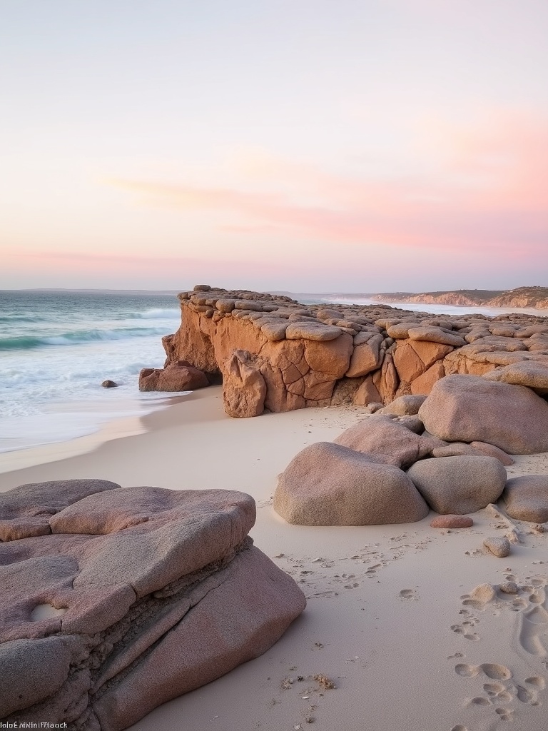 Granite headland on the Esperance coastline at sunrise, weathered boulders and turquoise water