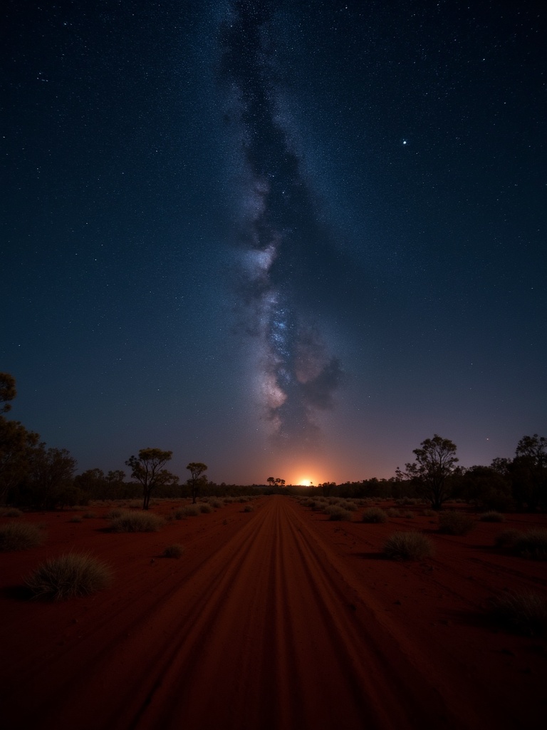 Red Australian outback under starry sky with milky way overhead